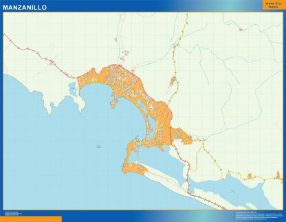 Mapa Manzanillo en Mexico enmarcado plastificado