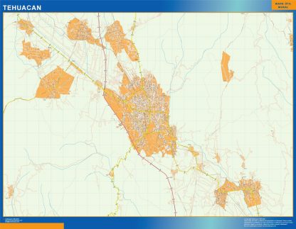 Mapa Tehuacan en Mexico enmarcado plastificado