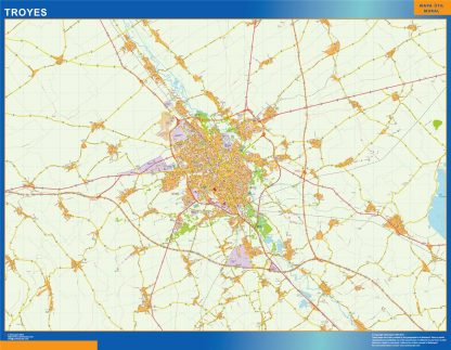 Mapa Troyes en Francia enmarcado plastificado