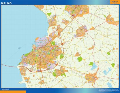 Mapa de Malmo en Suecia enmarcado plastificado