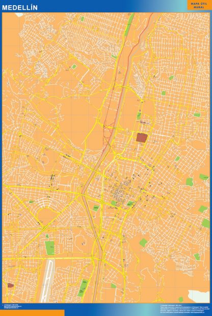 Mapa de Medellin en Colombia enmarcado plastificado