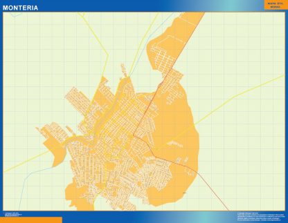 Mapa de Monteria en Colombia enmarcado plastificado