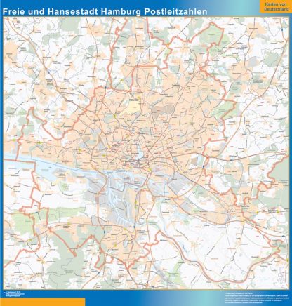 Mapa región Hamburgo codigos postales enmarcado plastificado