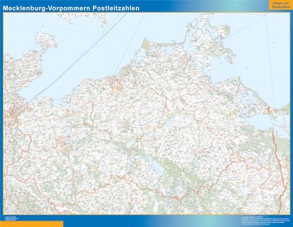 Mapa región Mecklenburg-Vorpommern codigos postales enmarcado plastificado